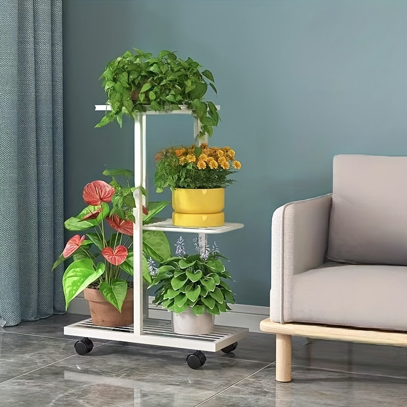 3-Tier Metal Plant Stand with Wheels White and Black Indoor Outdoor Flower Rack