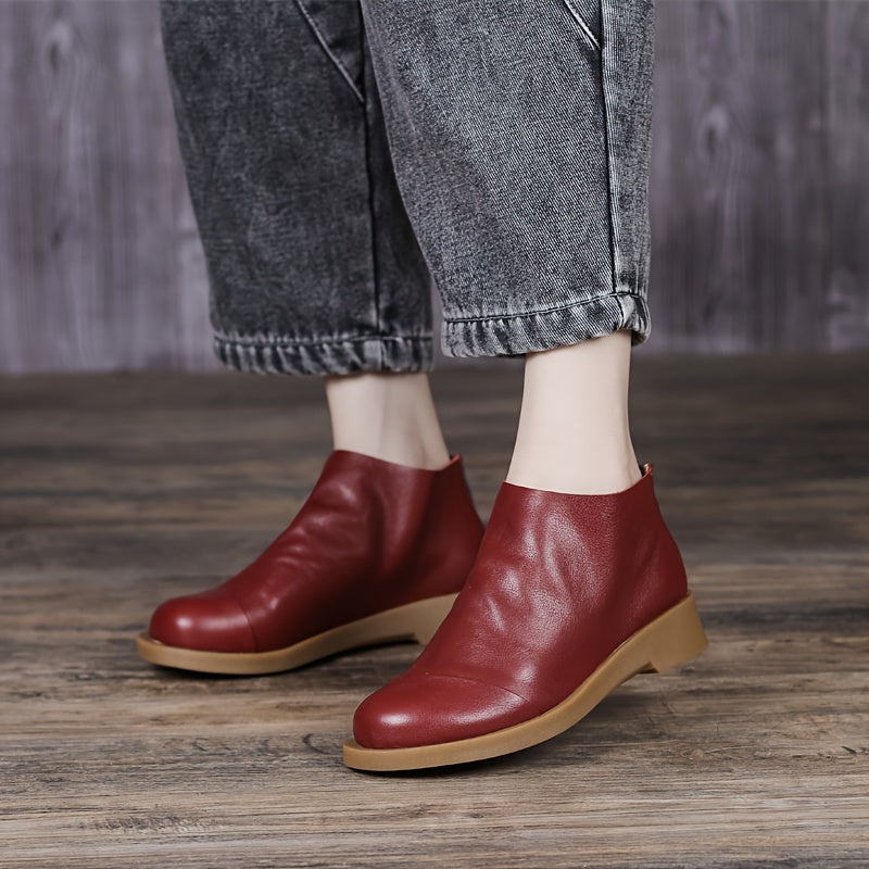 Women's Faux Leather Round Toe Zipper Short Boots with Low Heel and Ankle Support