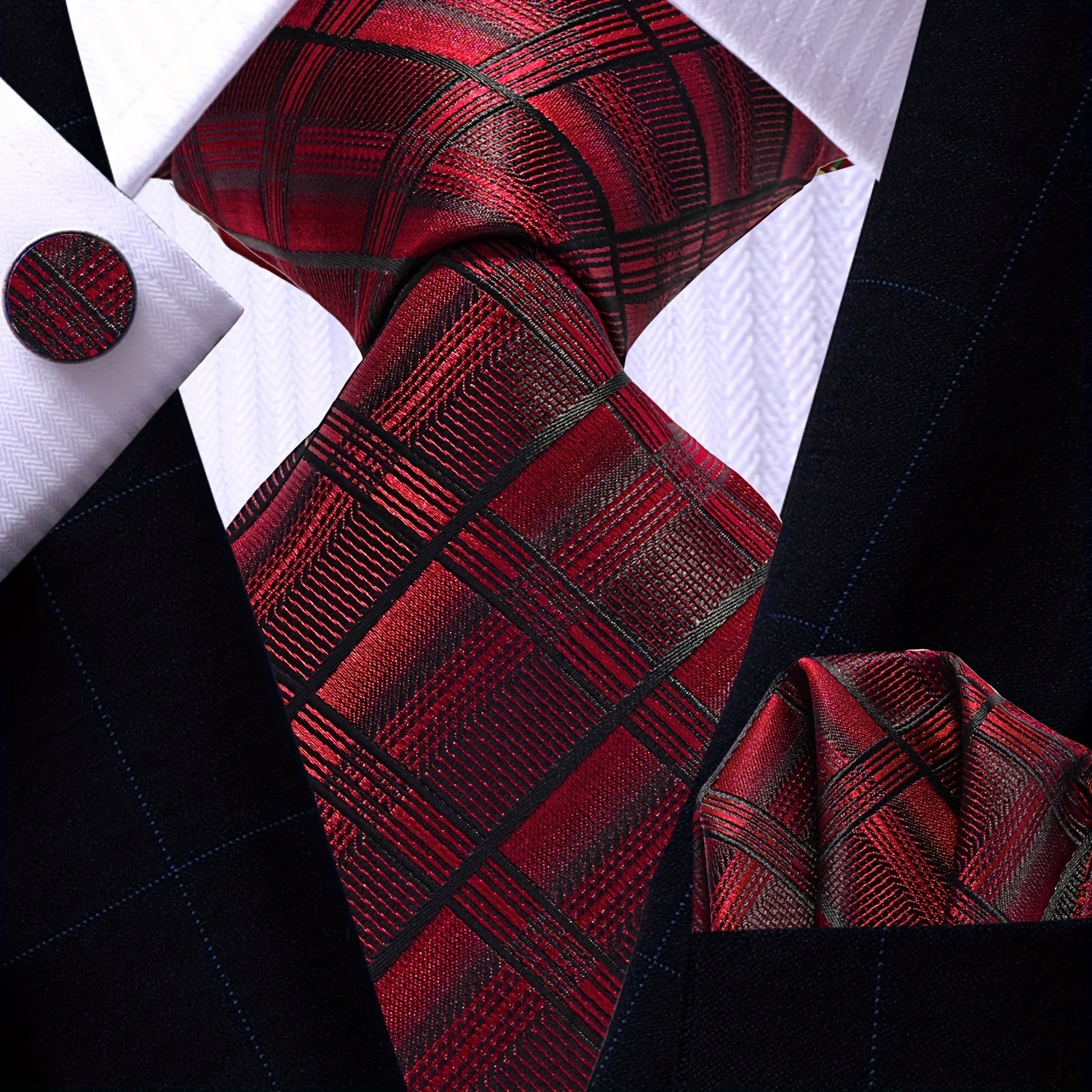 Men's Necktie Pocket Square Cufflinks Set for Wedding Business Party