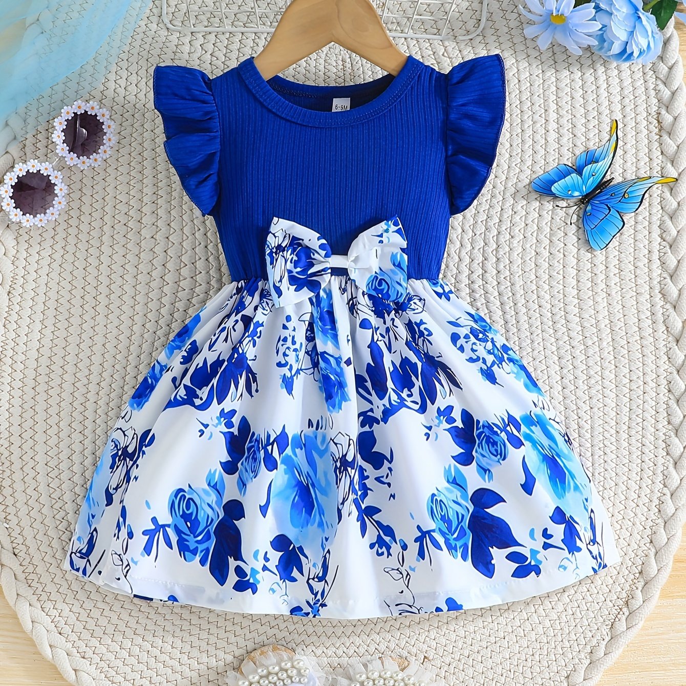 Girls Floral Ruffle Sleeve Dress Polyester Knit Casual Spring Summer Ages 12 and Under