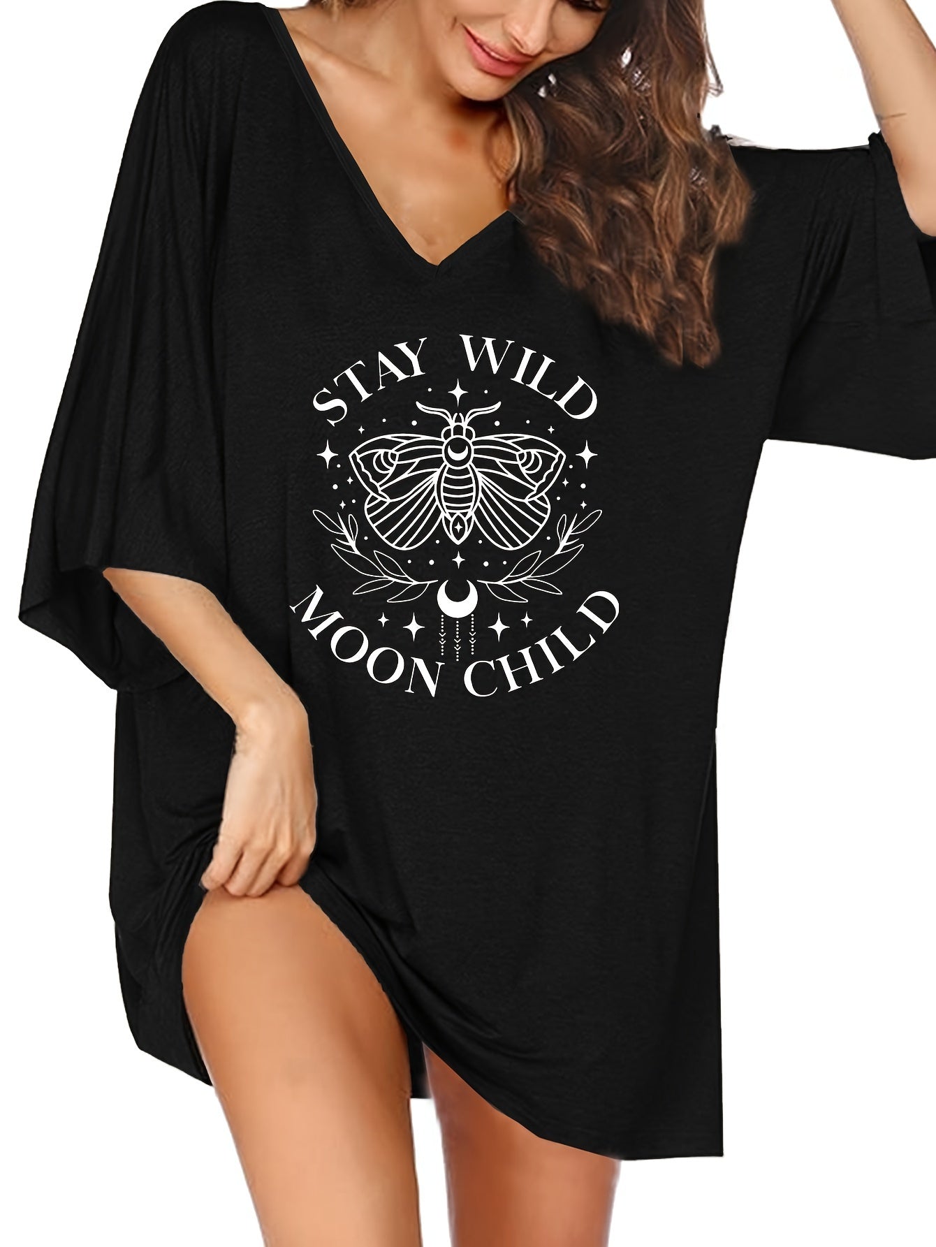 Women's Plus Size Loungewear Dress Butterfly Moon Slogan V Neck Sleep Dress