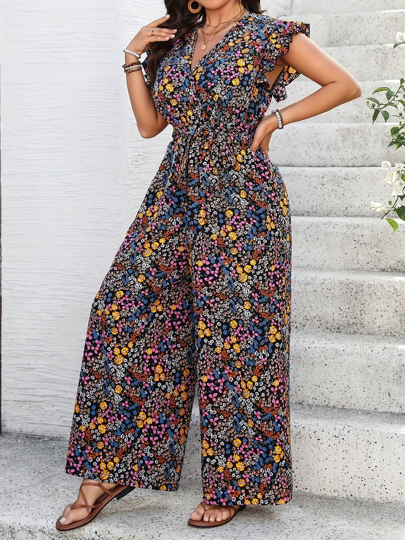 Mono de mujer talla grande con estampado bohemio floral, escote en V, transpirable, elástico y para todas las estaciones