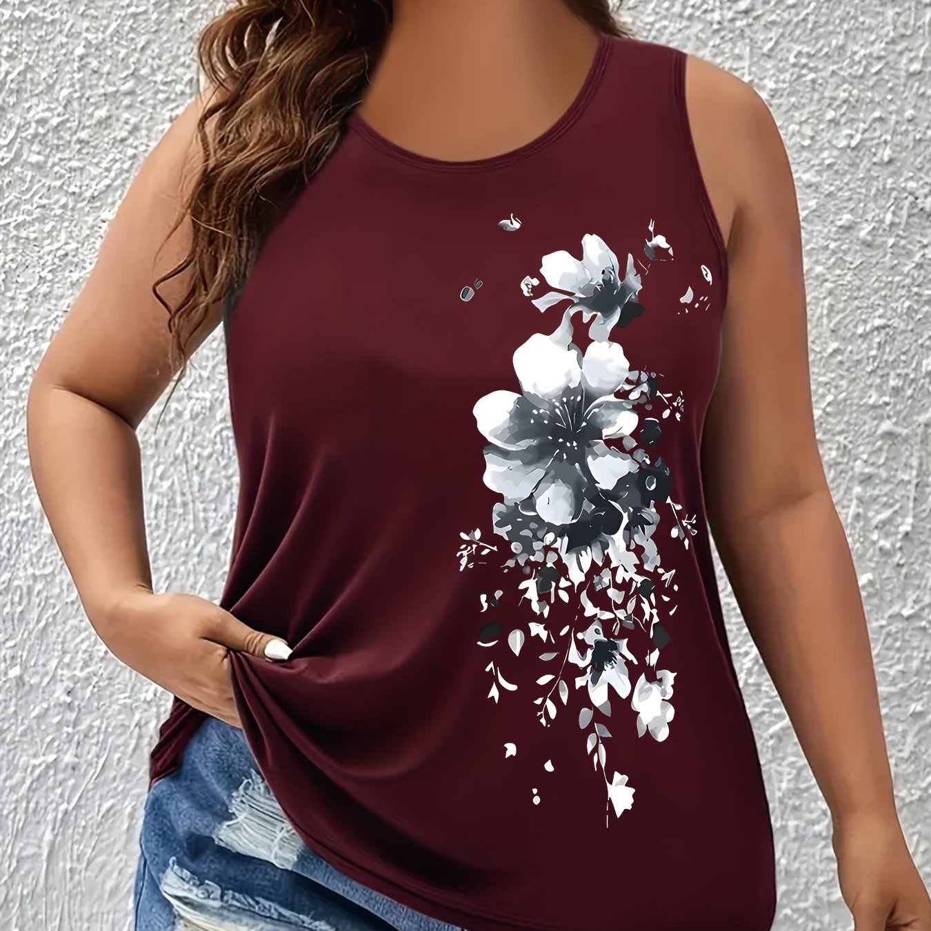 Plus Size Floral Print Tank Top for Women Summer Spring Casual Sleeveless Crew Neck