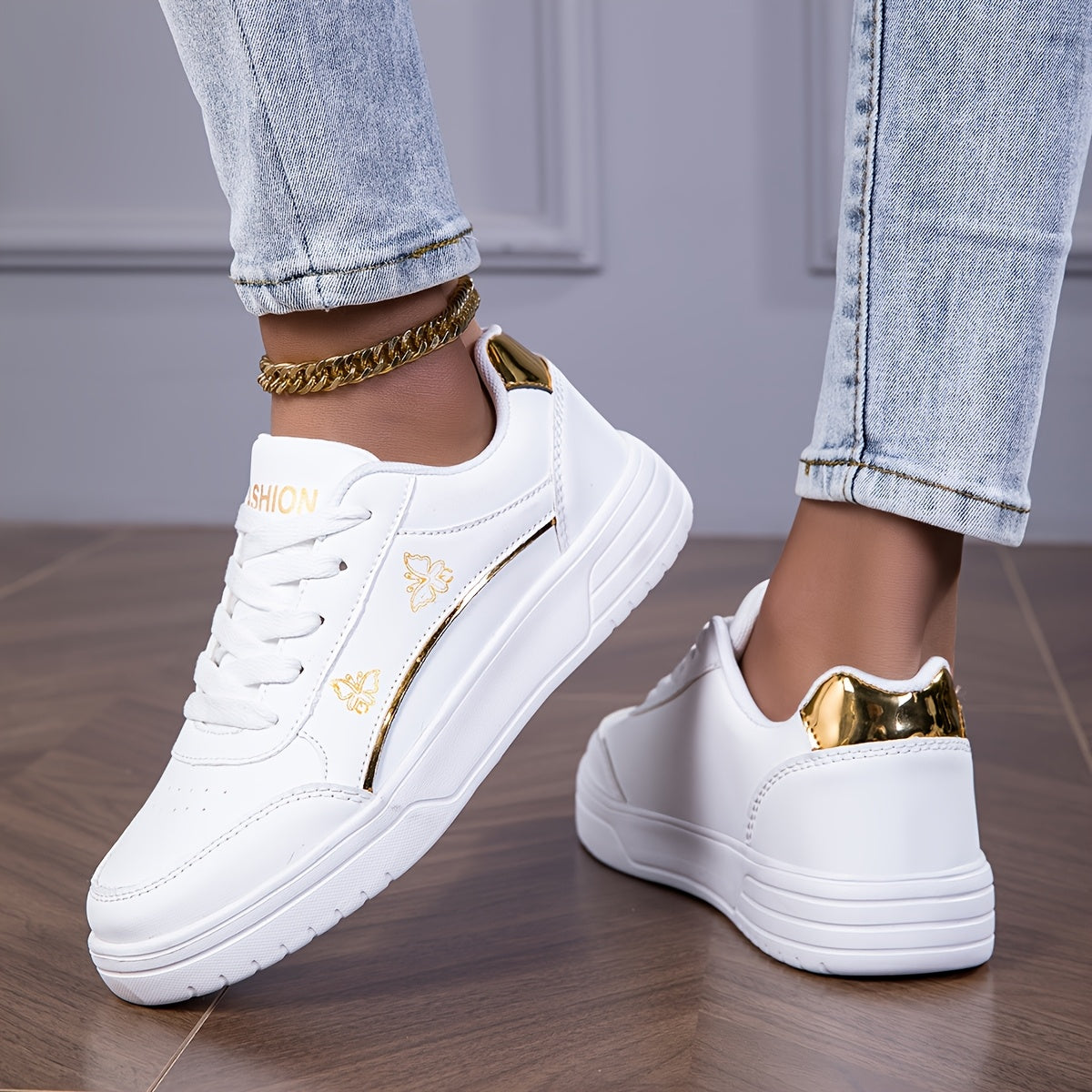 Women's Casual White Low-Top Sneakers with Gold Accents