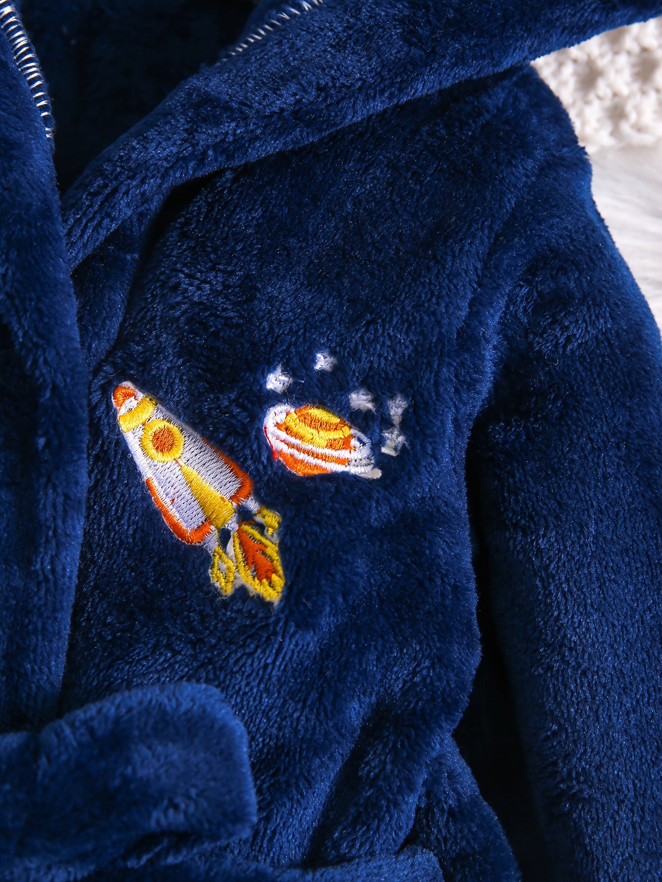 Kids Blue Flannel Hooded Bathrobe with Rocket Embroidery Cozy Thick Machine Washable