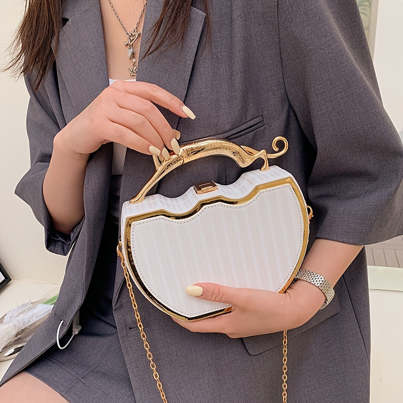 White Clutch Bag with Gold Chain Strap and Kiss Lock Closure for Daily Use