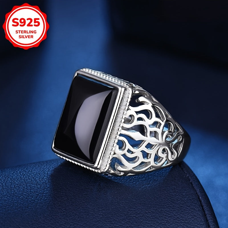 Sterling Silver Open Ring with Black Onyx and Imitation Jade Pattern for Women