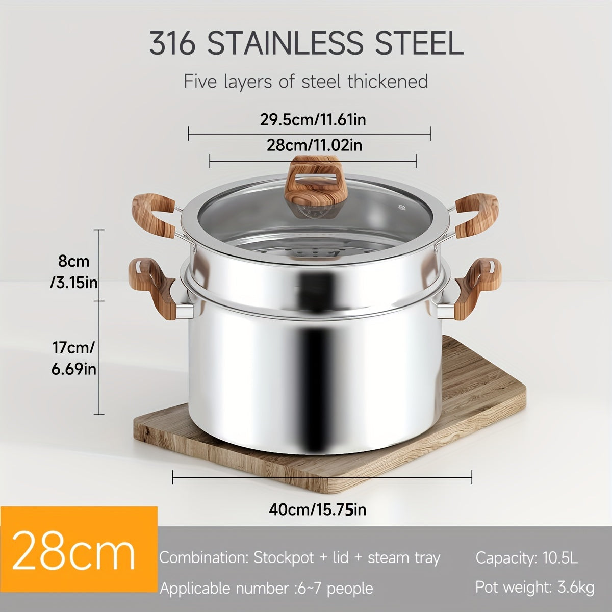 Five-Layer Steel Soup Pot with Steamer Non-Stick Induction Compatible 316 Stainless Steel
