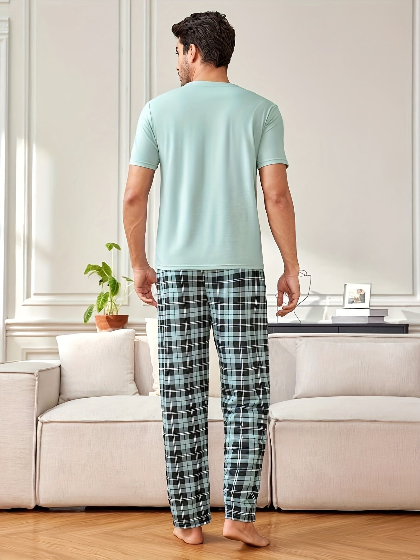 Men's Casual Plaid Pajama Set Polyester Crew Neck Short Sleeve Top and Long Pants