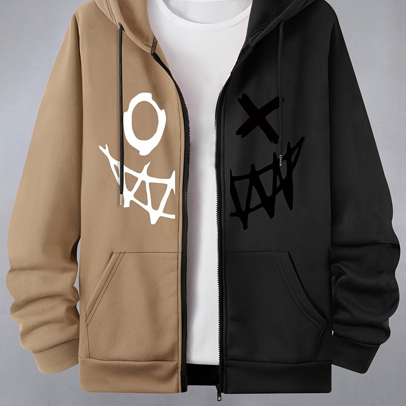 Erkaklar uchun niş velur kapüşonli sviter, tasodifiy qora va to'q sariq tikuvlar bilan.