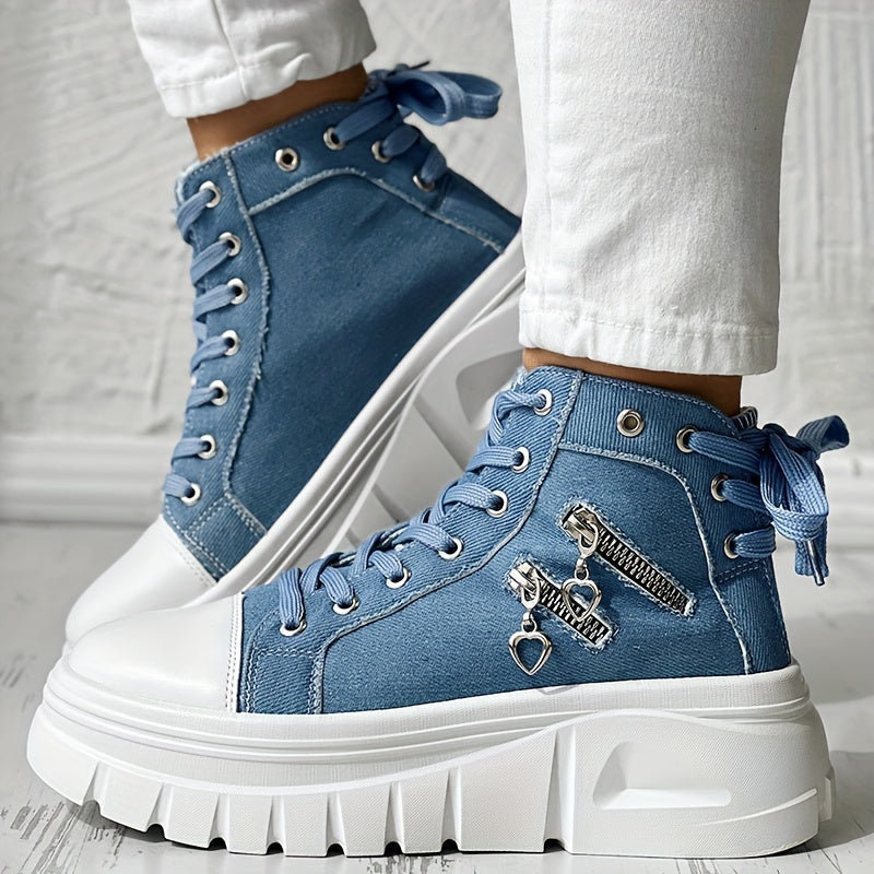 Zapatillas de mezclilla para mujer con cordones, plataforma, cremallera lateral, zapatos casuales
