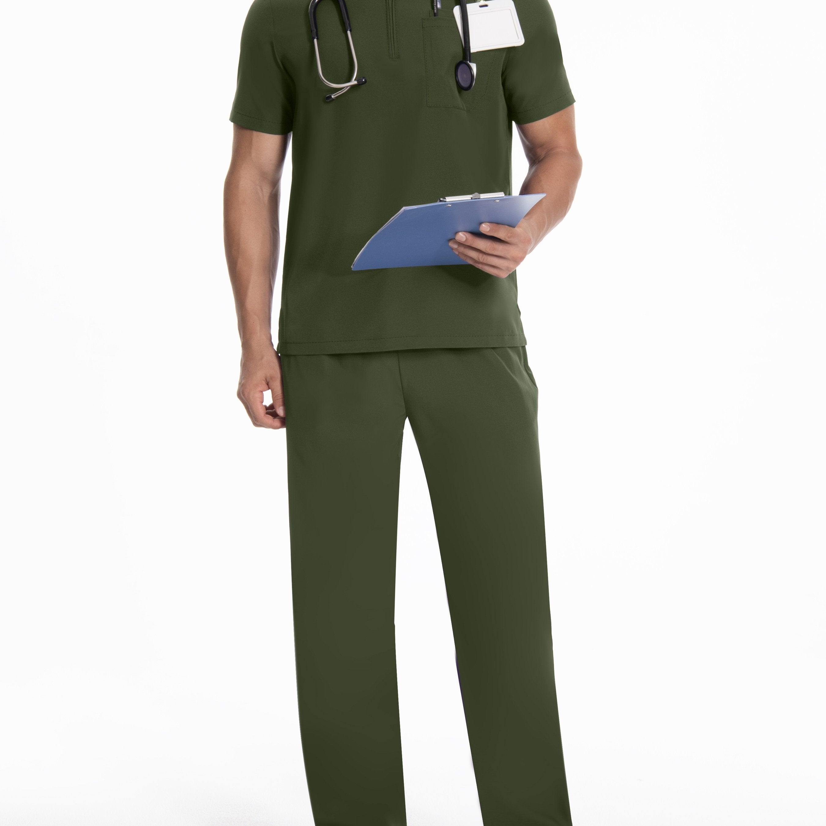 Erkaklar uchun konservativ uslubda polyester ish kiyimlari to'plami. Mustahkam rang, to'qilgan mato, kichik turli ko'ylak, odatdagi kesim, cho'ntaklar va bel halqalari bilan.