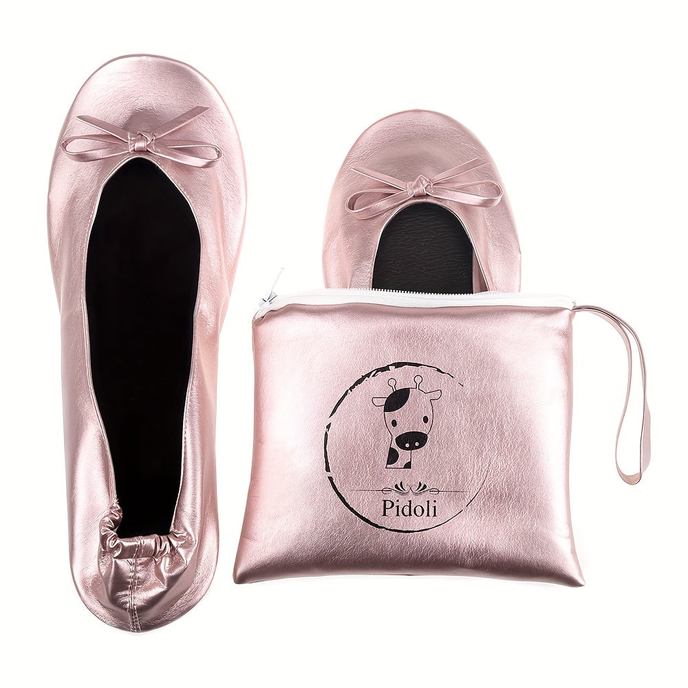 Women's Ballet Flats Foldable Travel Shoes with Removable Pouch Black