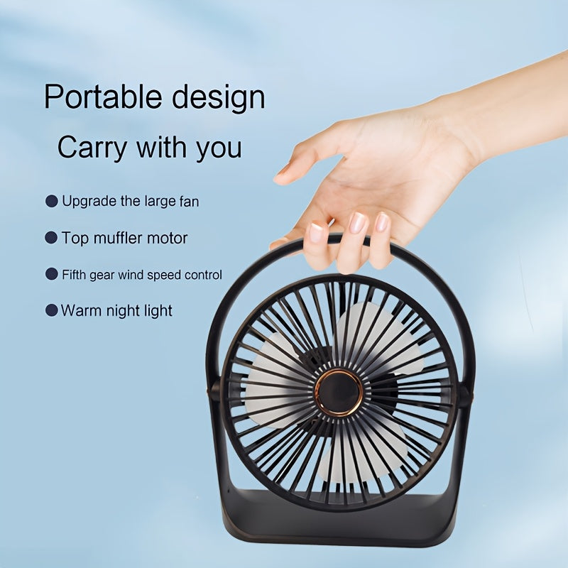 Portable USB Rechargeable Clip-On Fan with Nightlight, 5-Speed, 720° Rotation