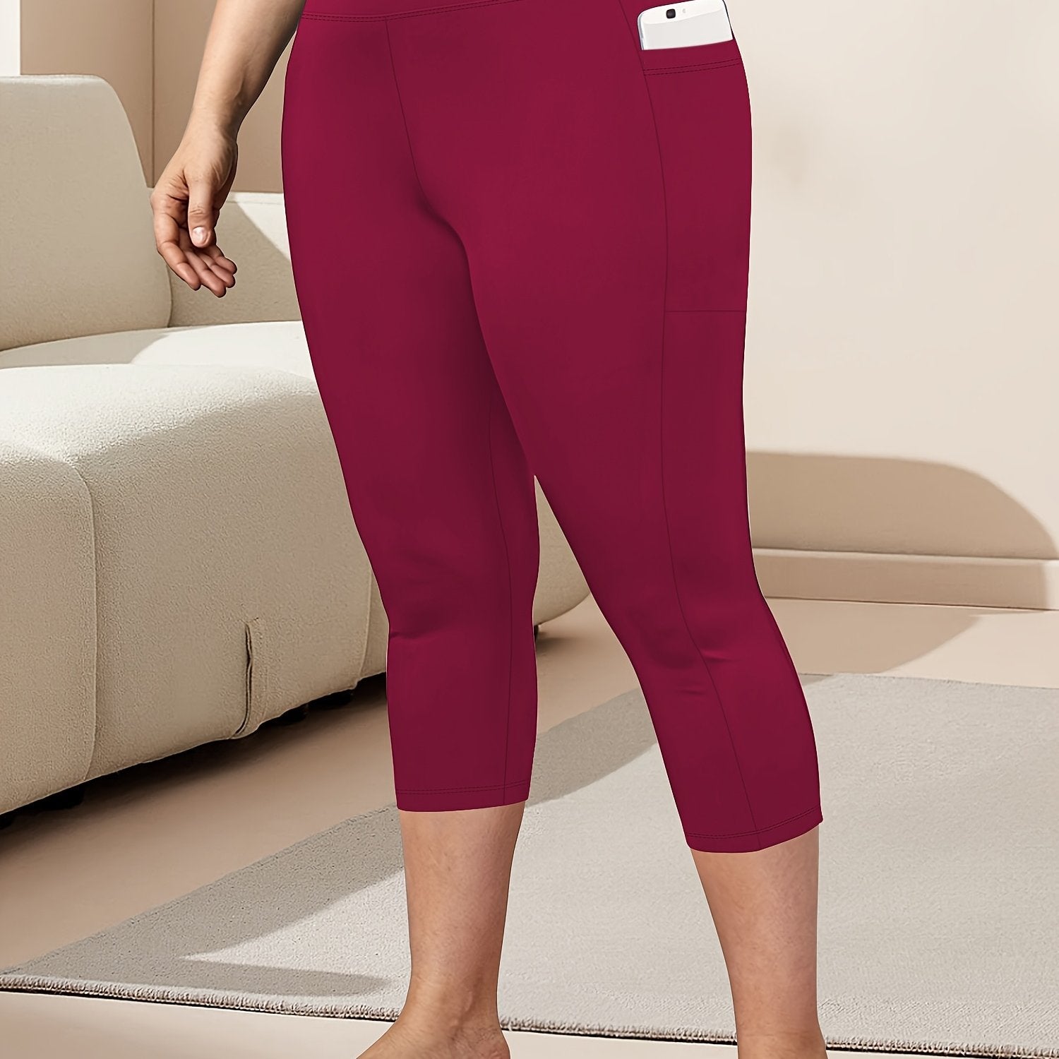 Ayollar uchun katta o'lchamli yuqori belli Capri legginslar, yon cho'ntaklar bilan