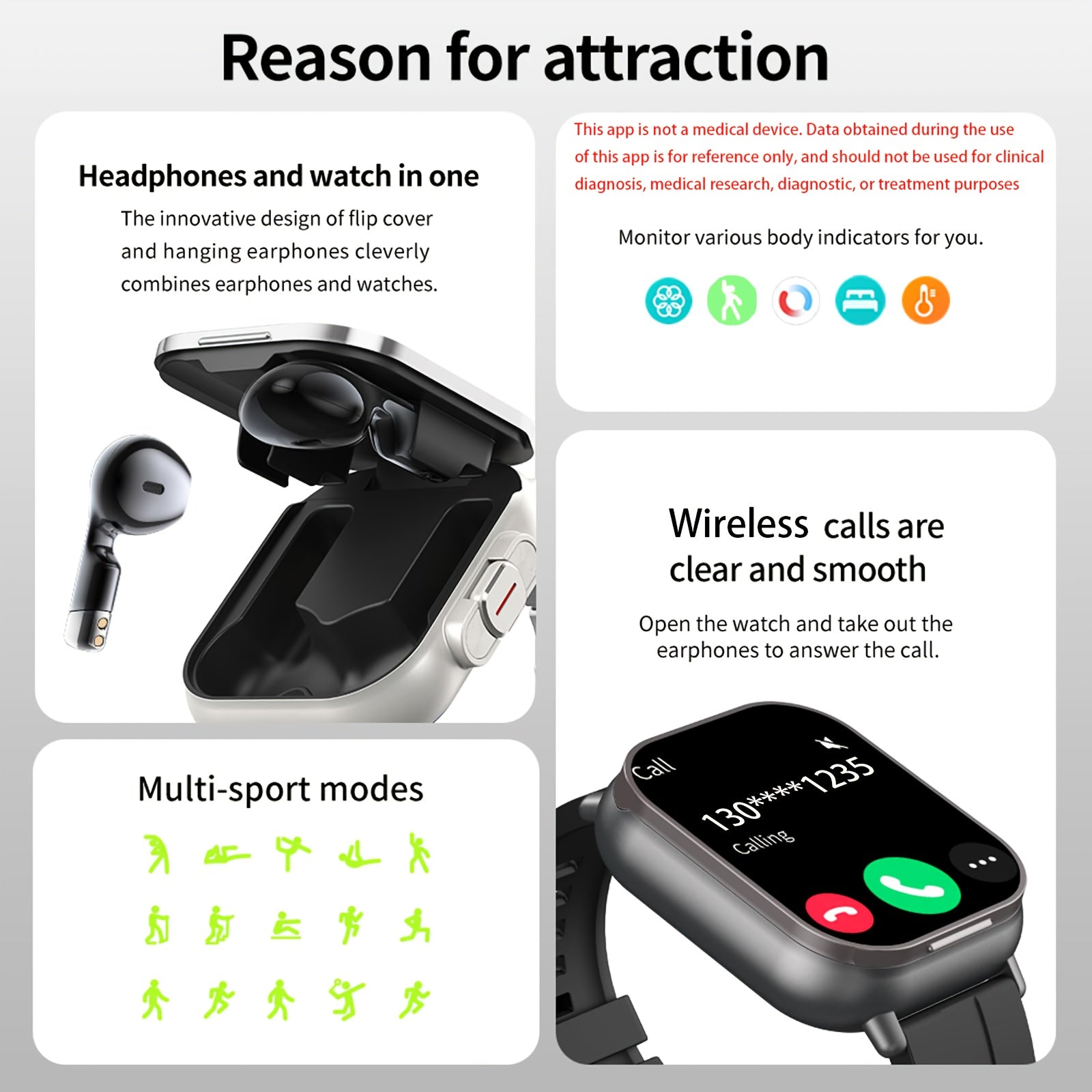 GREENPORT 2025 Aqlli soat, 5.11 sm kvadrat ekran, to'liq teginish nazorati, 2-in-1 simsiz quloqchinlar - Fitness kuzatuvchi, Musiqa ijro etish, Uxlash monitori, Ob-havo yangiliklari, Bir nechta sport rejimlari