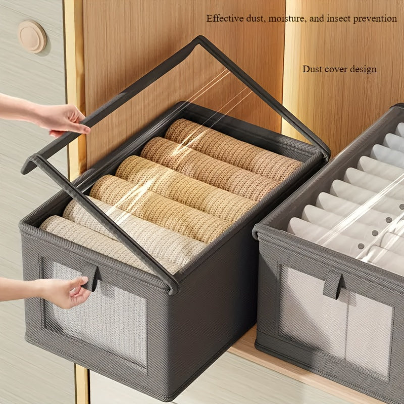 Caja de almacenamiento plegable de tela Oxford beige con ventana transparente para ropa y artículos del hogar