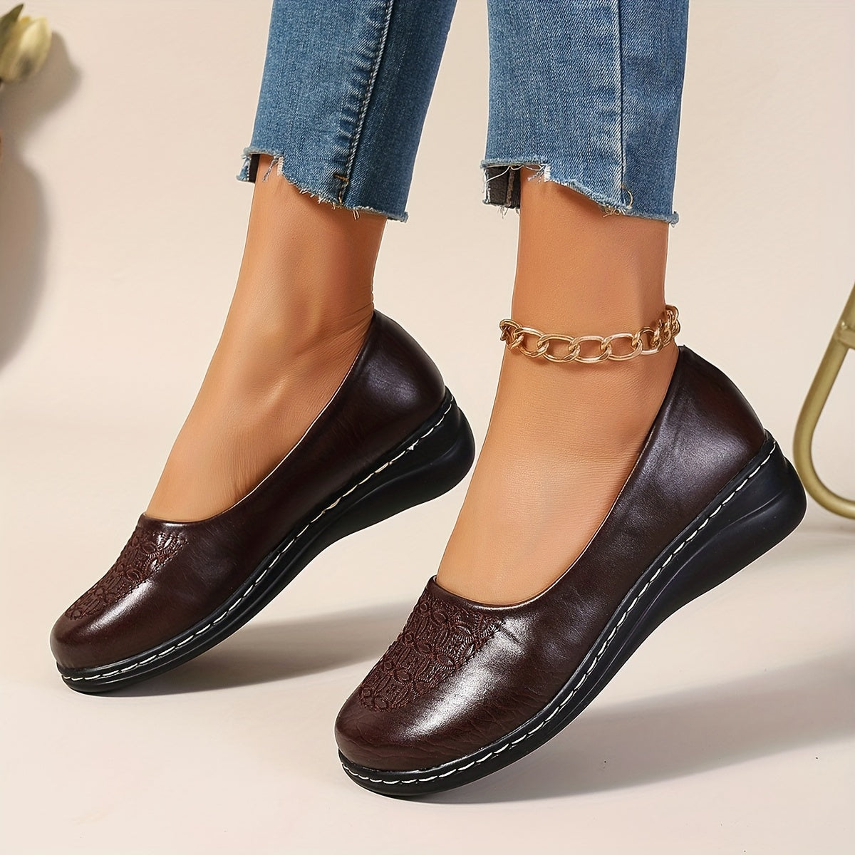 Women's Leather Slip-On Loafers with Embroidered Design and Cushioned Insole