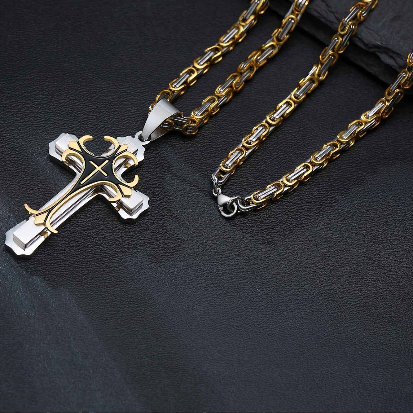 Men's Byzantine Necklace Stainless Steel Cross Pendant Double Layer Jewelry