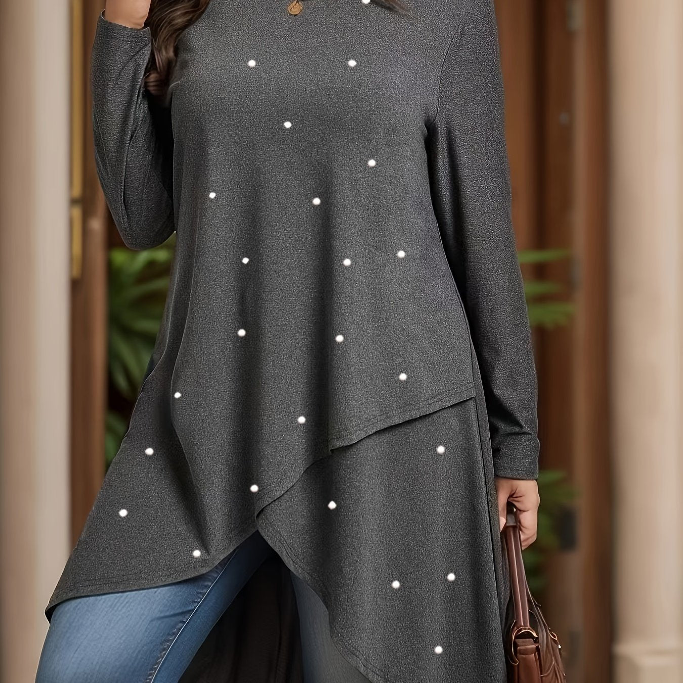 Plus Size Pearl Embellished Knit Tunic Top Crew Neck Long Sleeve Solid Color