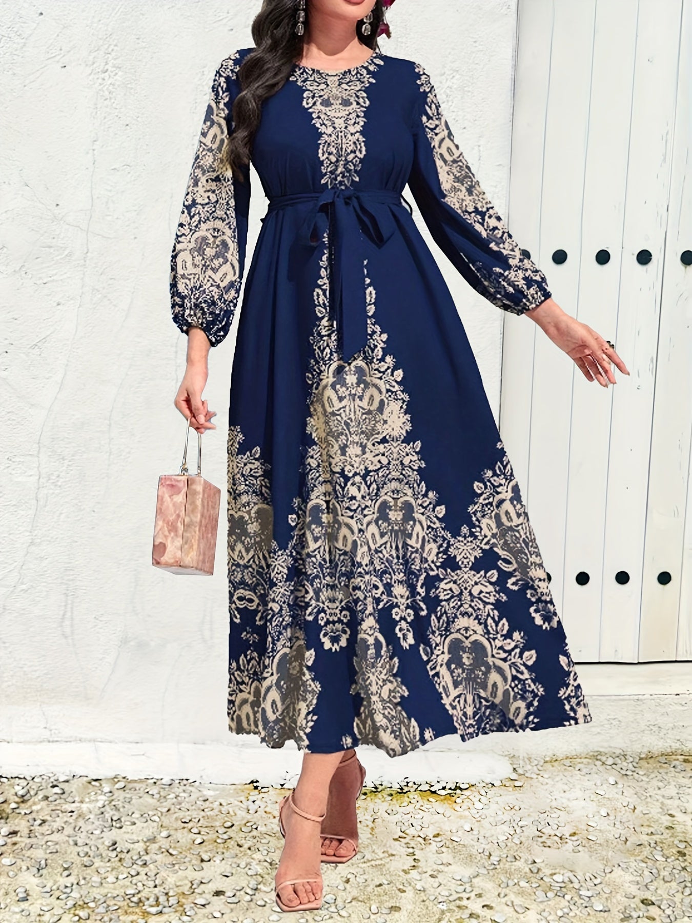 Vintage Graphic Print Belted Dress with Crew Neck and Lantern Sleeves for Spring Fall