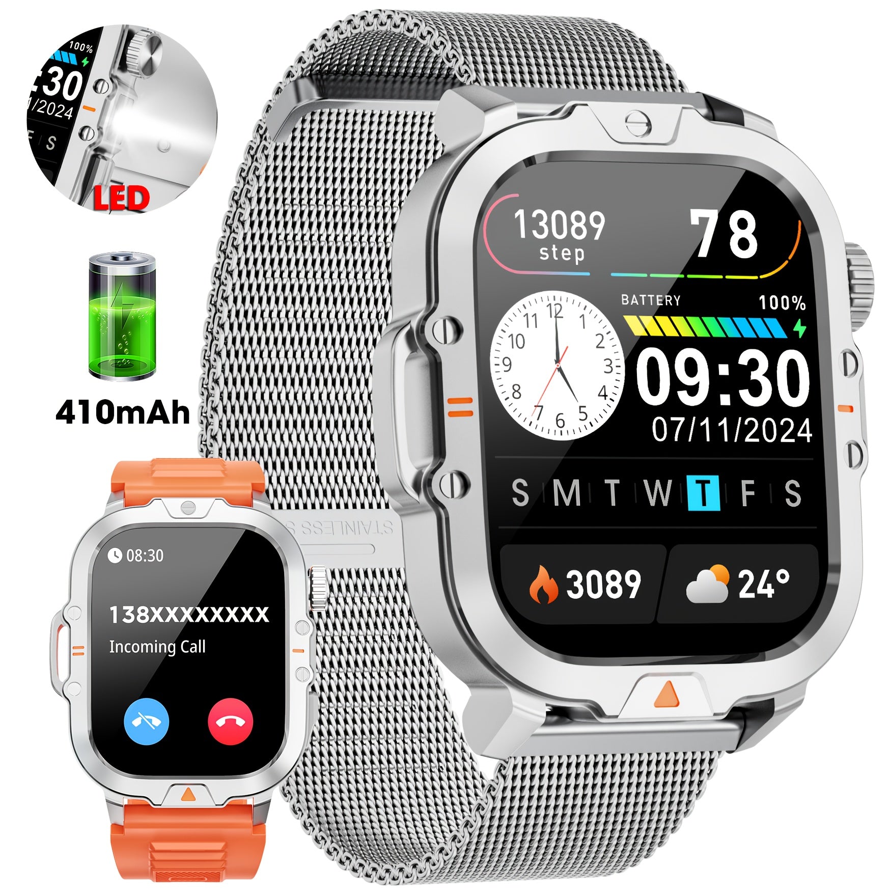 LZUEFK Smartwatch erkaklar va ayollar uchun, 5.11 sm HD ekran, simsiz qo'ng'iroq, fitnes kuzatuvchi, kaloriya va pedometr, mustahkam silikon tasma bilan.