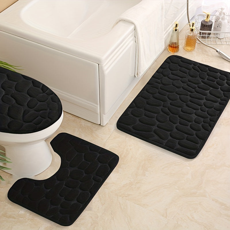 Set of 3 Memory Foam Bathroom Rugs Non-Slip Absorbent Cobblestone Design