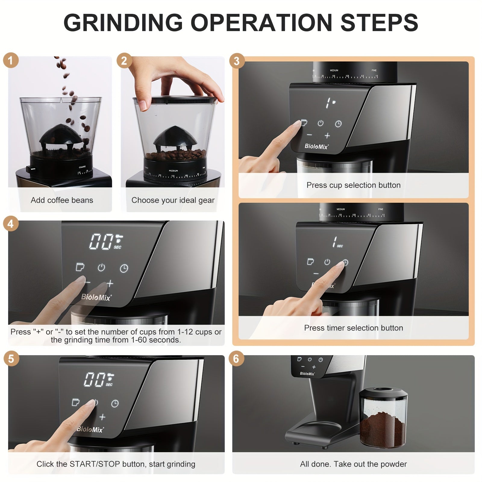 Electric Coffee Bean Grinder Conical Burr 300W Digital Timer 30 Settings