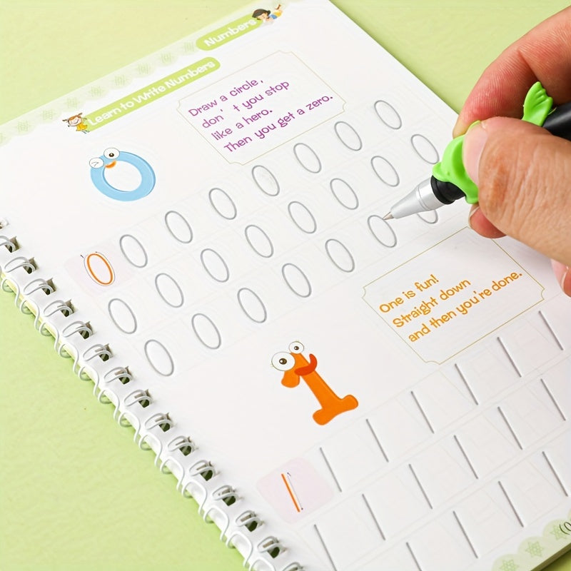 Conjunto de libros de práctica de caligrafía en inglés para niños de 3 años en adelante con pluma de acero, pluma dura y ranuras digitales