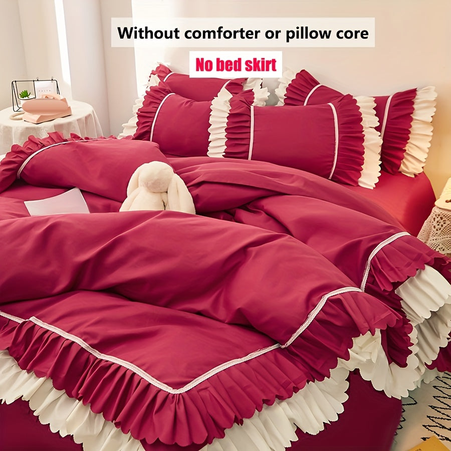 3 qismdan iborat pushti qirralangan to'shak to'plami 2 ta yostiq qopqog'i va 1 ta qopqoqni o'z ichiga oladi, to'ldiruvchi yoki qulaylik kiritilmagan.