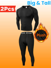 Plus Size Men's Thermal Underwear Set Fleece Compression Shirt Breathable Leggings Fall Winter