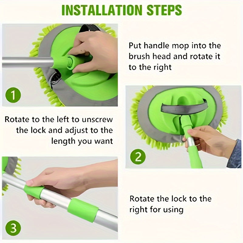 "Avtomobilni tozalash uchun kengaytiriladigan mop, samarali transport vositalarini detallash va parvarish qilish uchun, ultra singdiruvchi mikroto'qima chenille boshli va mustahkam uzun tutqich bilan, uy derzalari uchun ideal. Rang: Yashil va Qora."