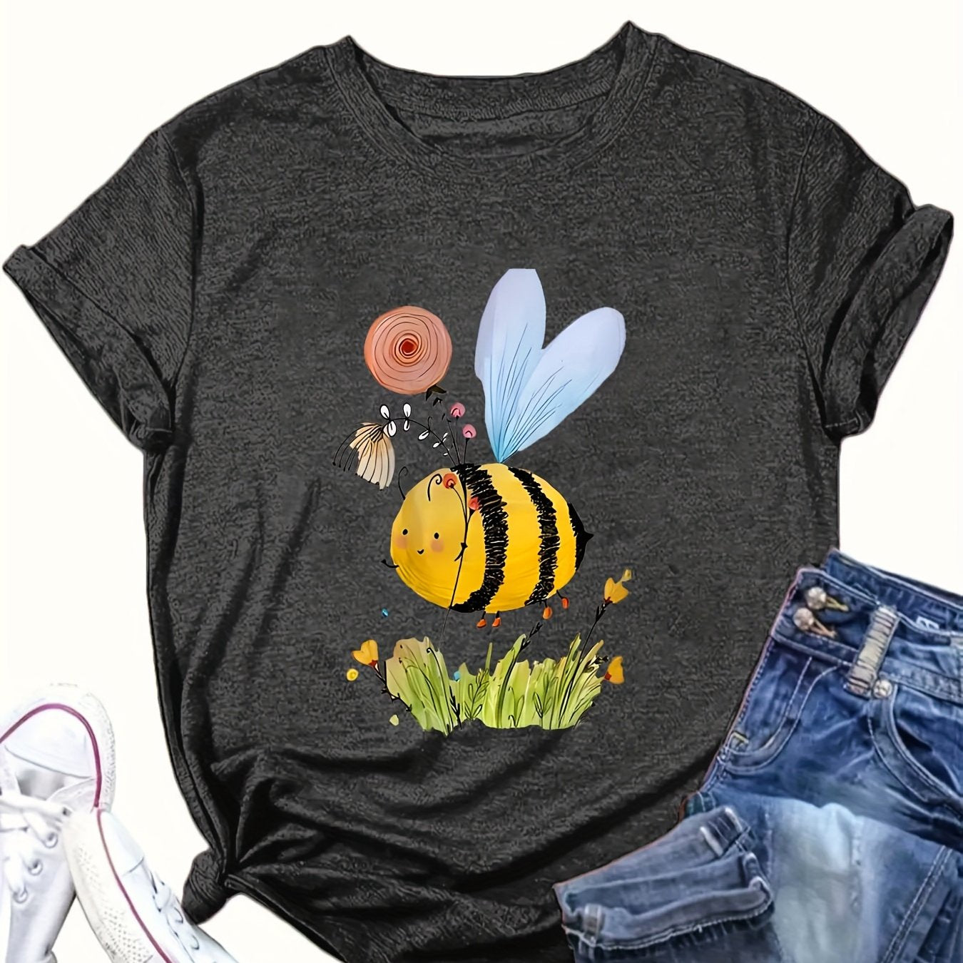 Plus Size Women's Casual T-Shirt Bee Graphic Red Short Sleeve Round Neck