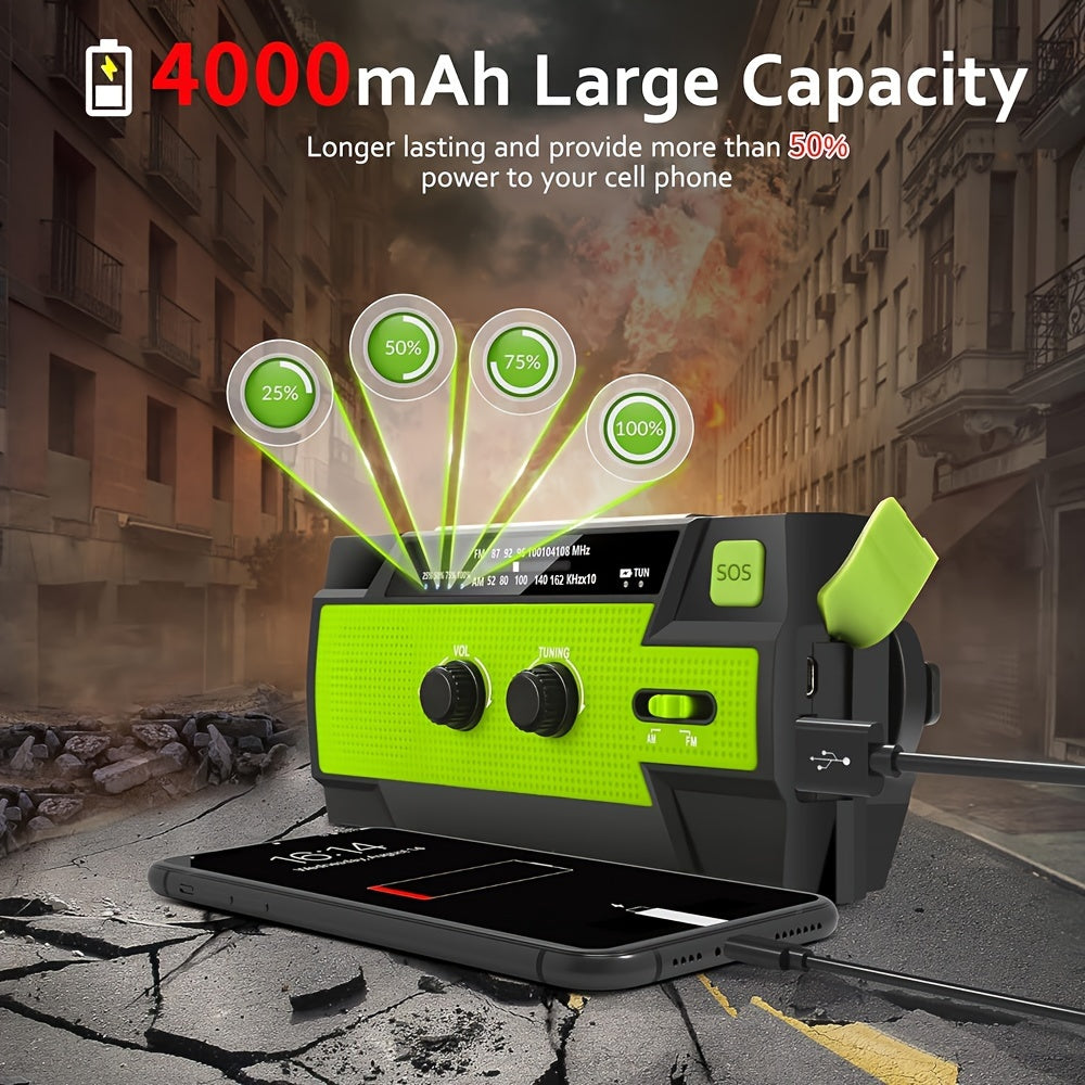 4000mAh Solar Hand Crank Emergency Radio with Flashlight Cell Phone Charger and SOS