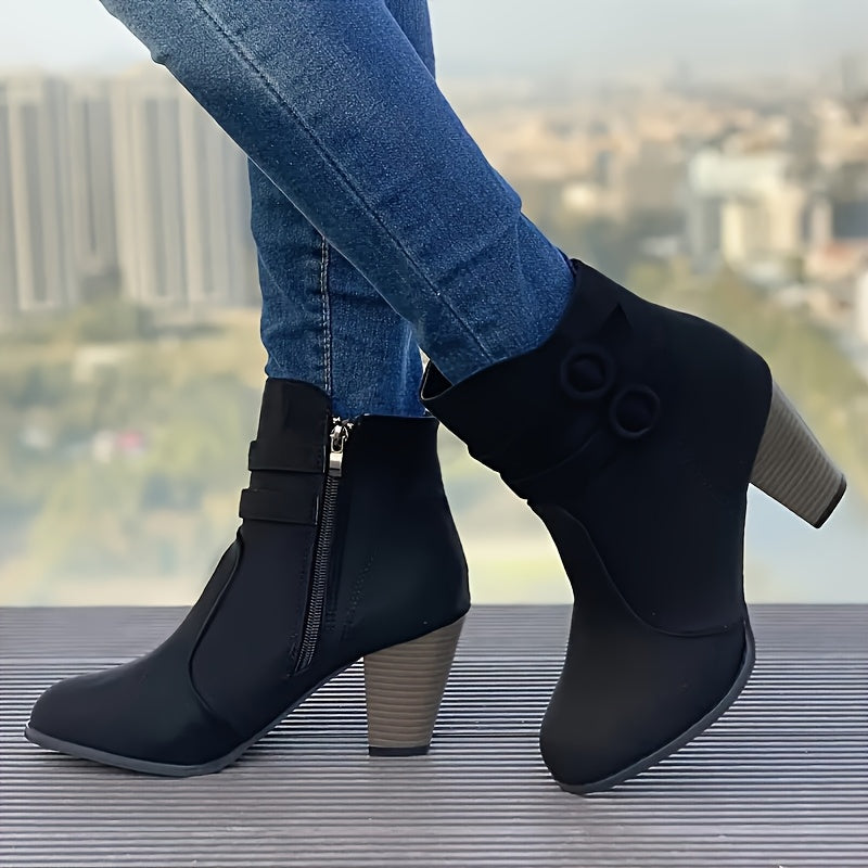 Women Red Ankle Boots with Chunky Heel Zipper Pointed Toe