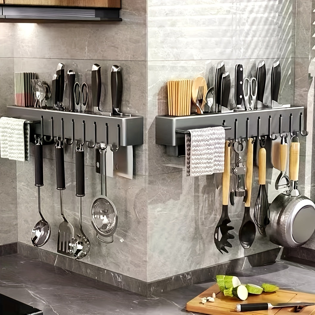 Carbon Steel Wall-Mounted Utensil Holder with Towel Bar and Drain Basket