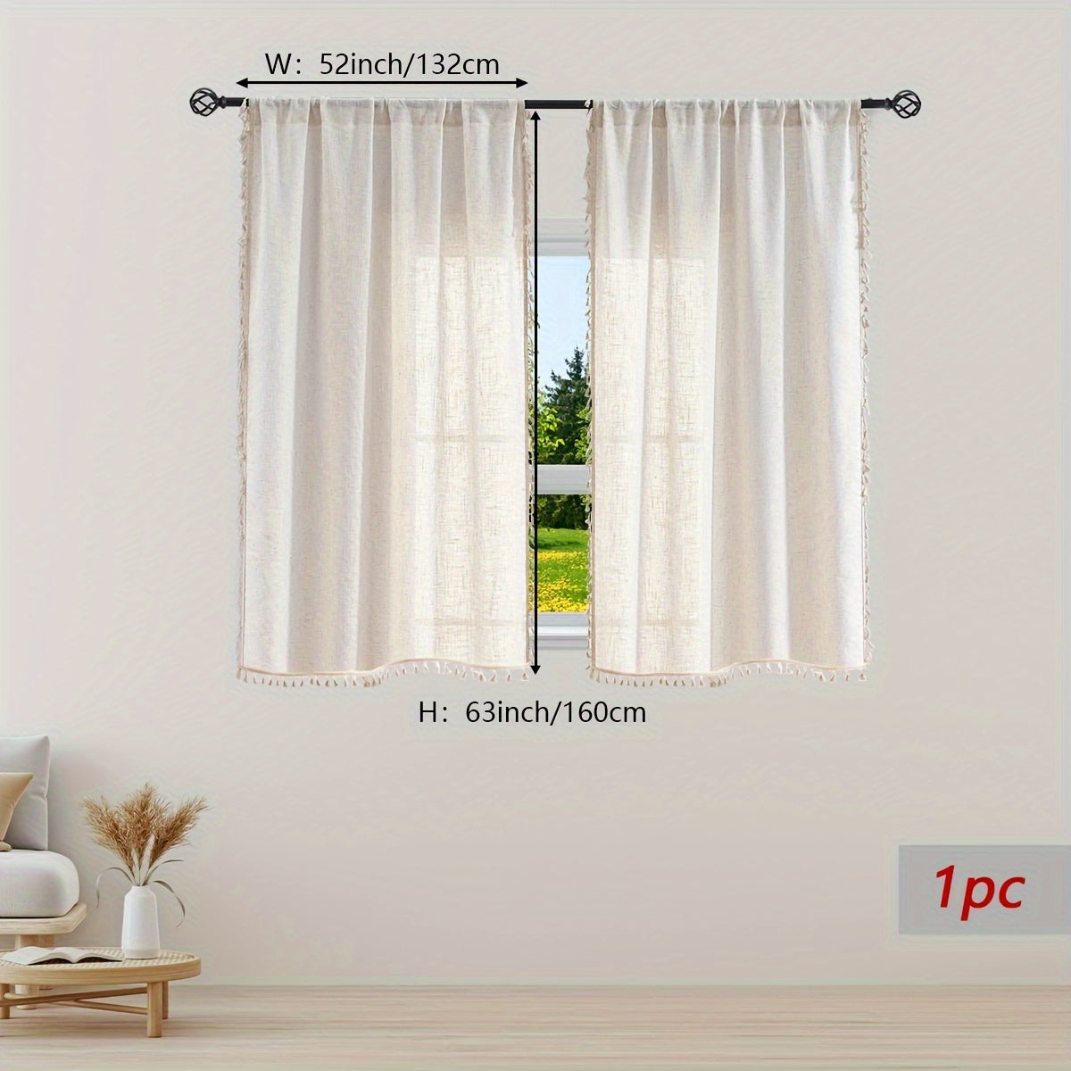 Linen Bohemian Lace Curtain with Rod Design Natural Wood Color Single