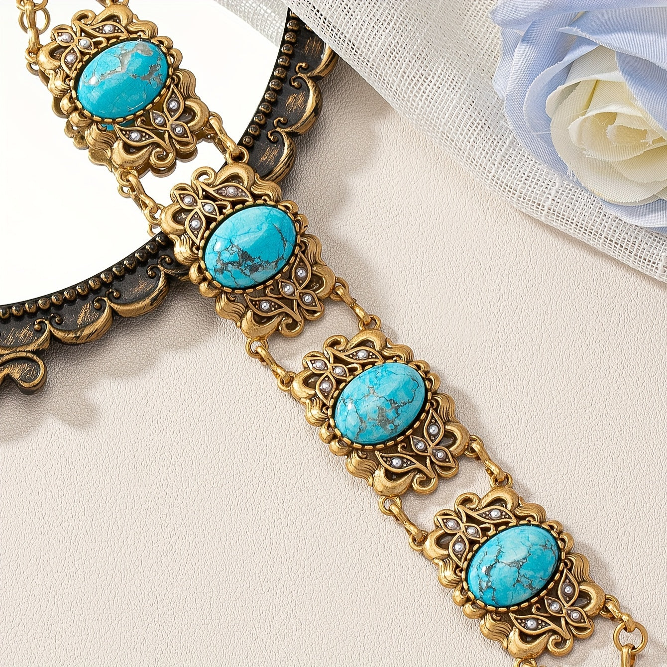 Vintage Copper Turquoise Ethnic Style Bracelet for Women