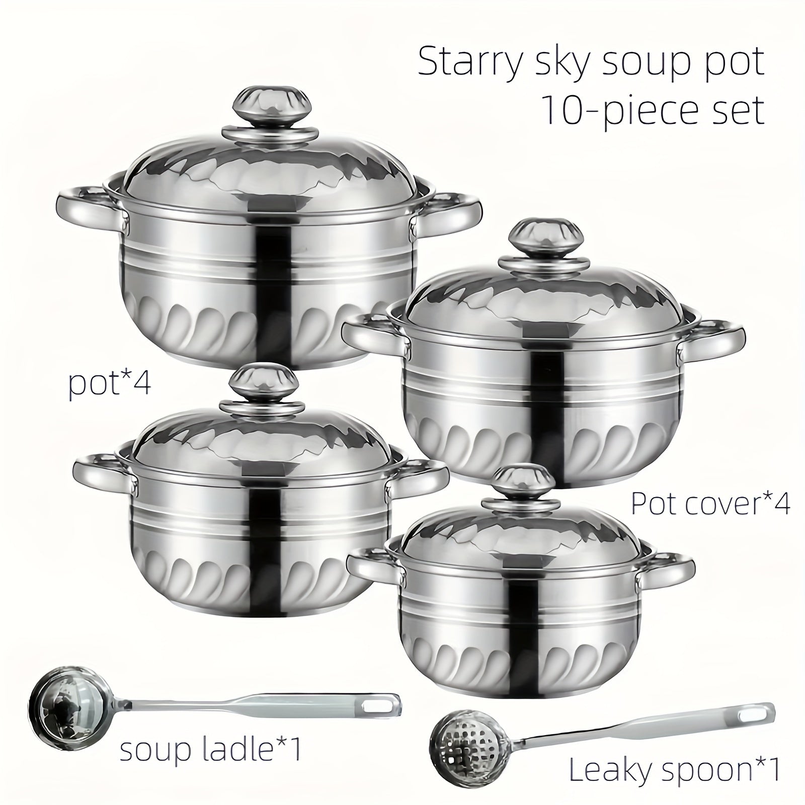 Set of 10 Stainless Steel Cookware Pots with Lids and Spoons for Soup Noodles Seafood