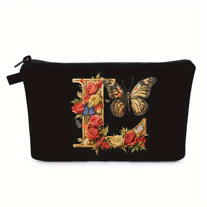 Bolsa de maquillaje negra para mujer con patrón de mariposas y flores para organizar los esenciales de belleza