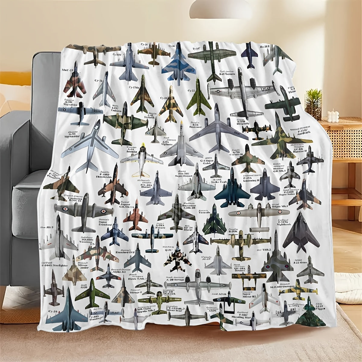 Military Aircraft Print Flannel Throw Blanket Hypoallergenic Stain-Resistant All-Season Polyester