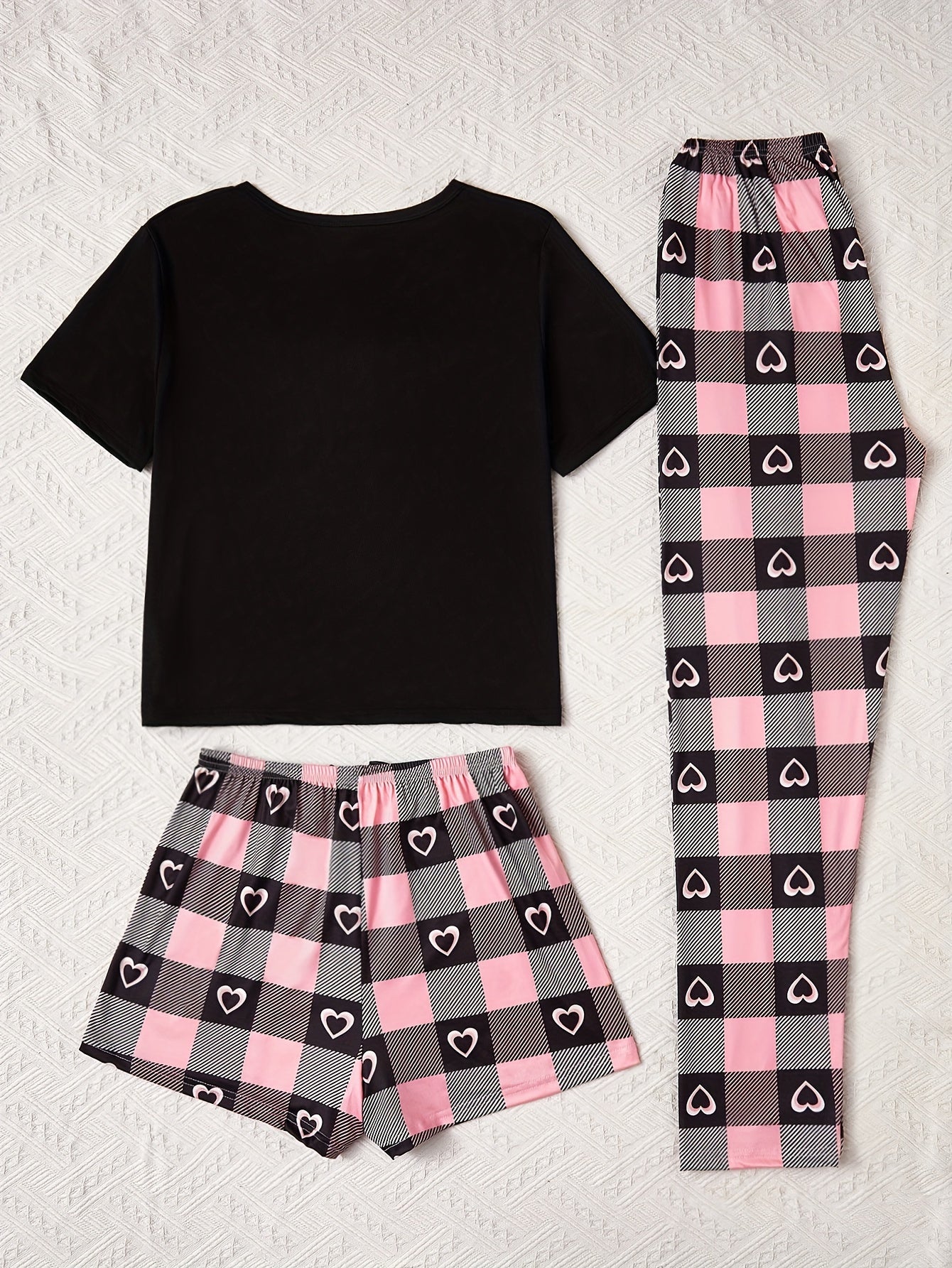 Adult Romantic Love Print Pajama Set with Short Sleeve Top Plaid Shorts and Long Pants