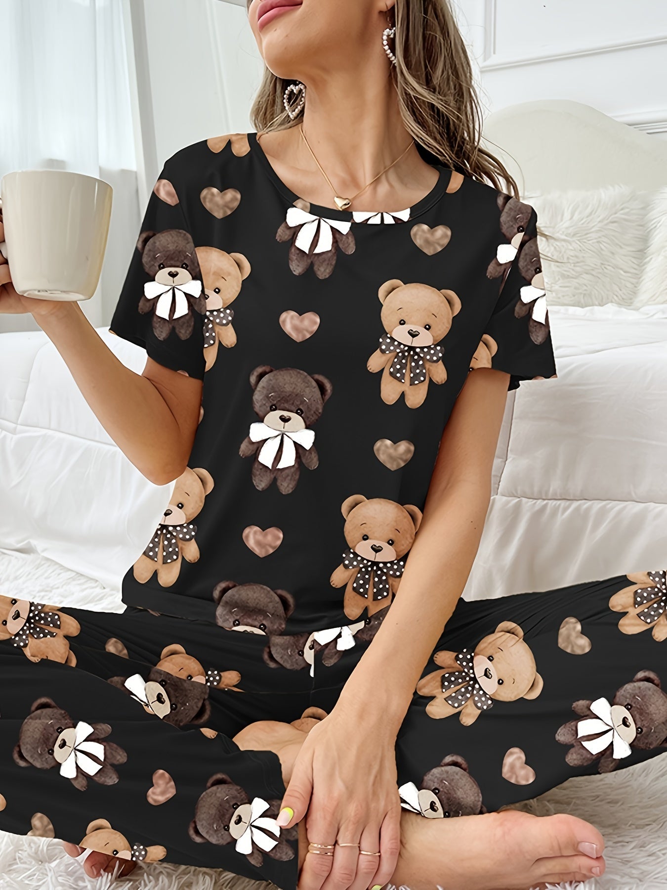 Women's Sleepwear Set with Cartoon Bear and Heart Print Short Sleeve Top and Elastic Pants