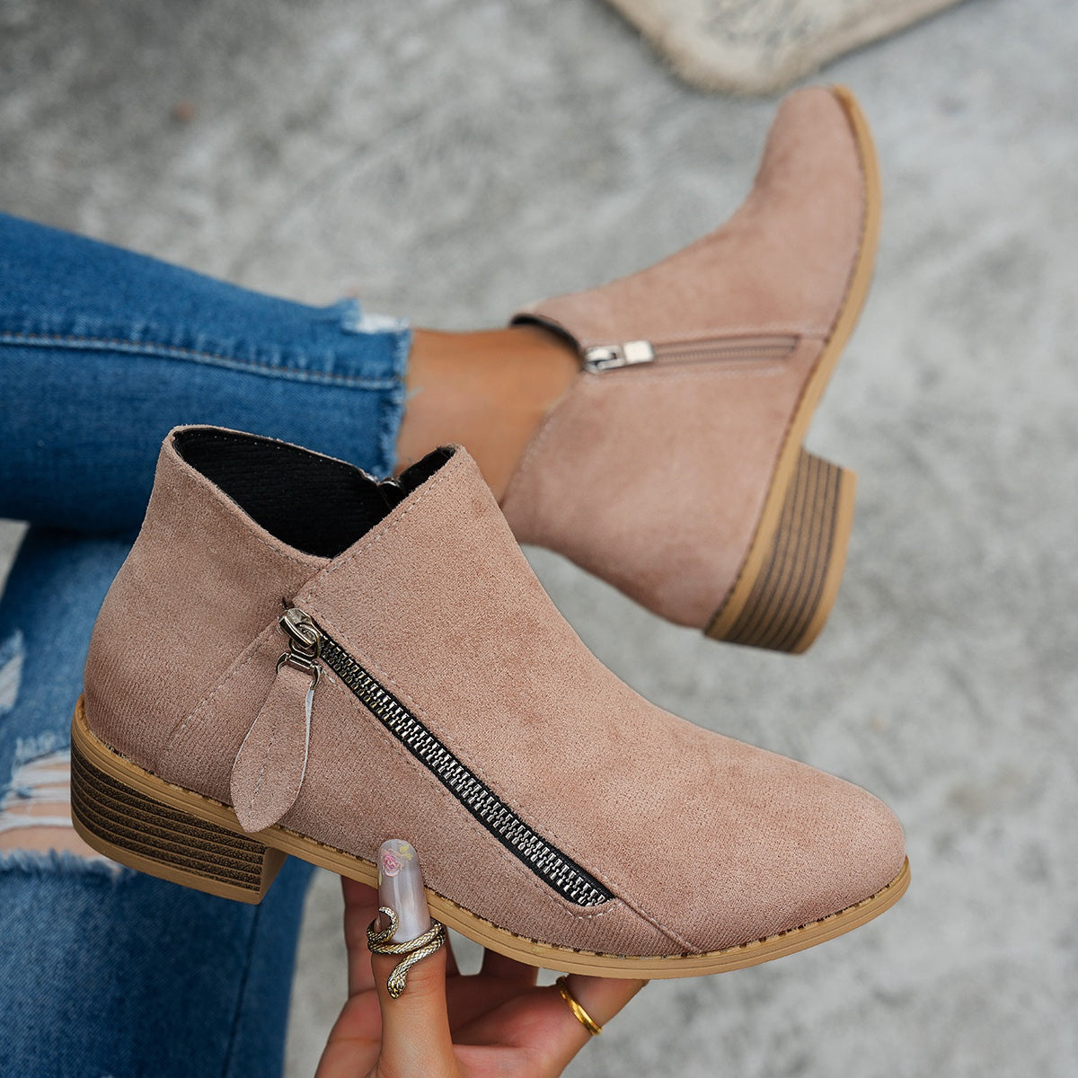 Women's Faux Leather Chelsea Ankle Boots with Chunky Heel and Side Zipper