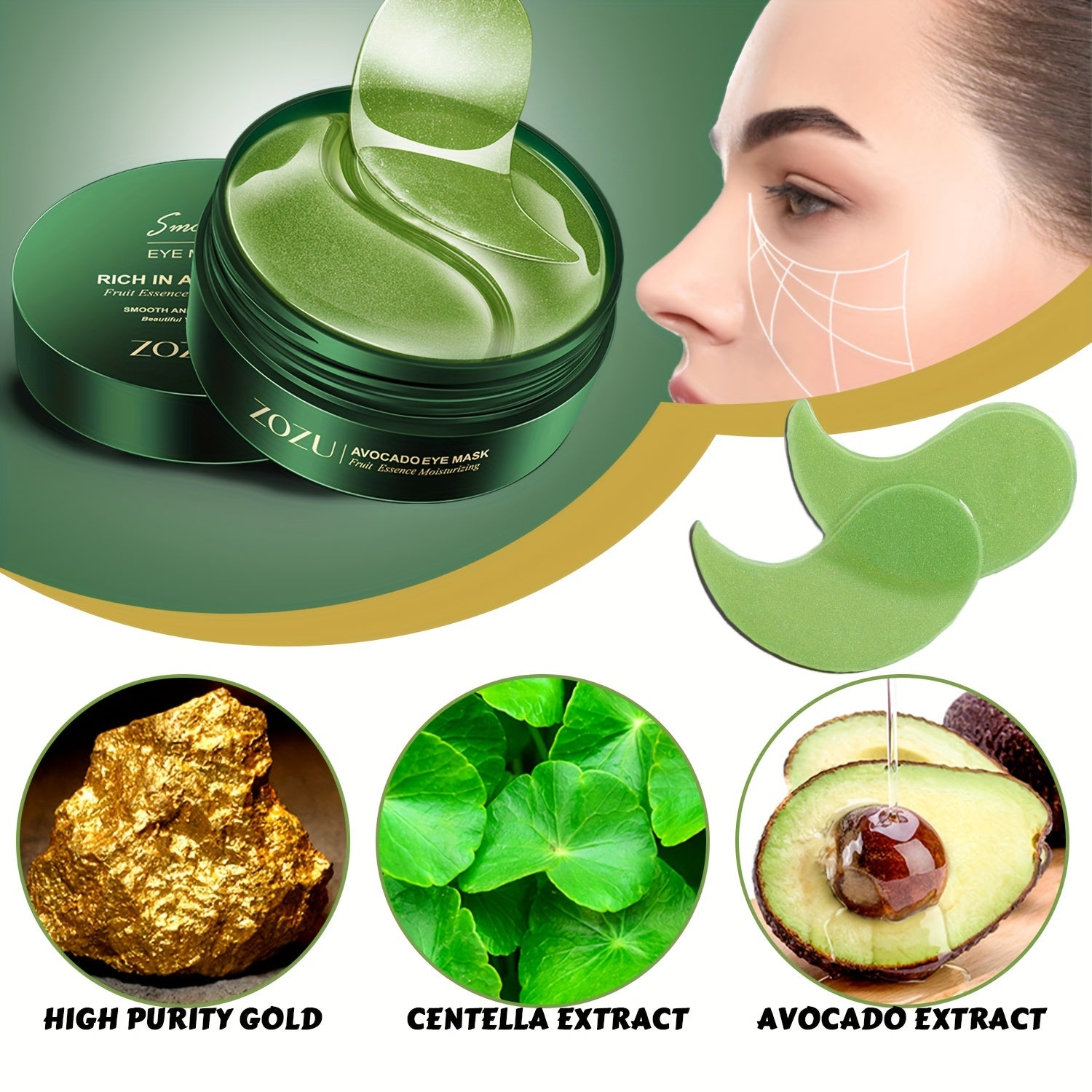 Unisex All Skin Moisturizing Eye Masks with Avocado and Gold for Firming and Tightening