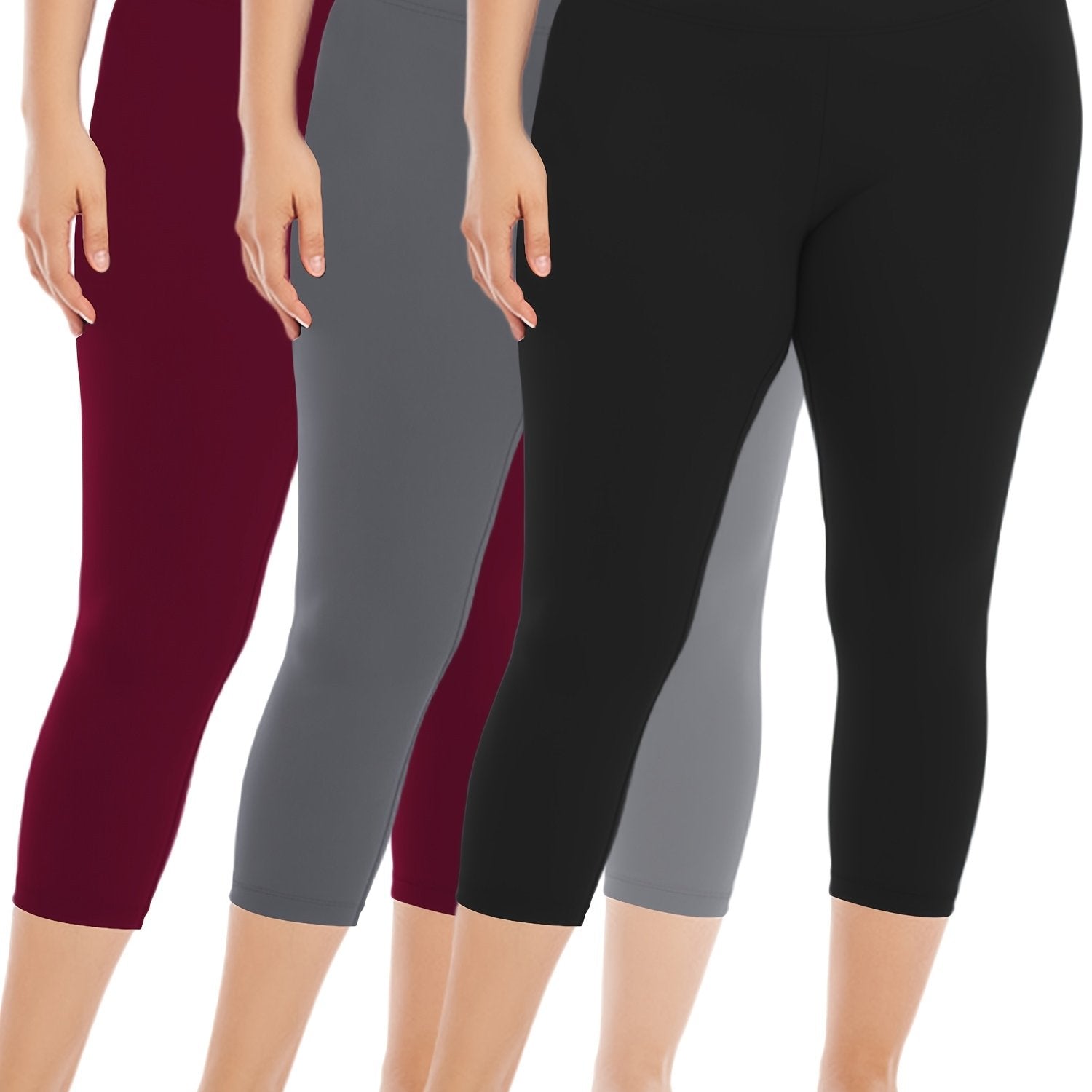 Plus Size High-Waist Capri Leggings Stretch Polyester Elastane Solid Color 3 Pack
