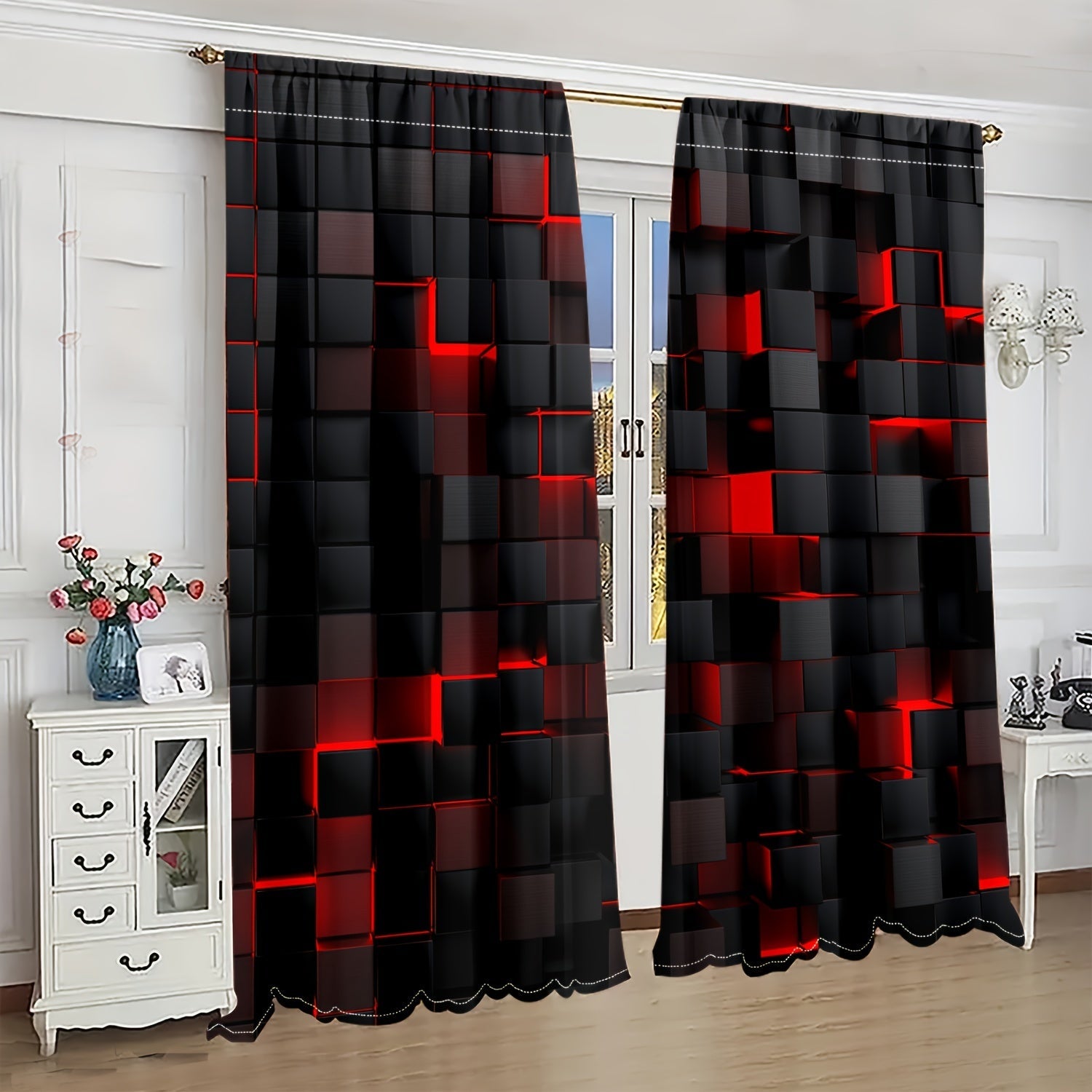 Set of 2 Abstract Red and Black Gradient Geometric Curtains Semi-Transparent Drapes for Living Room Bedroom Privacy