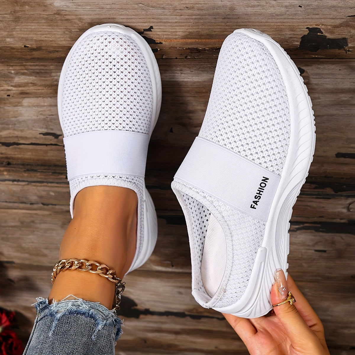 Women's Breathable Knit Slip-On Sneakers Lightweight White Casual Shoes
