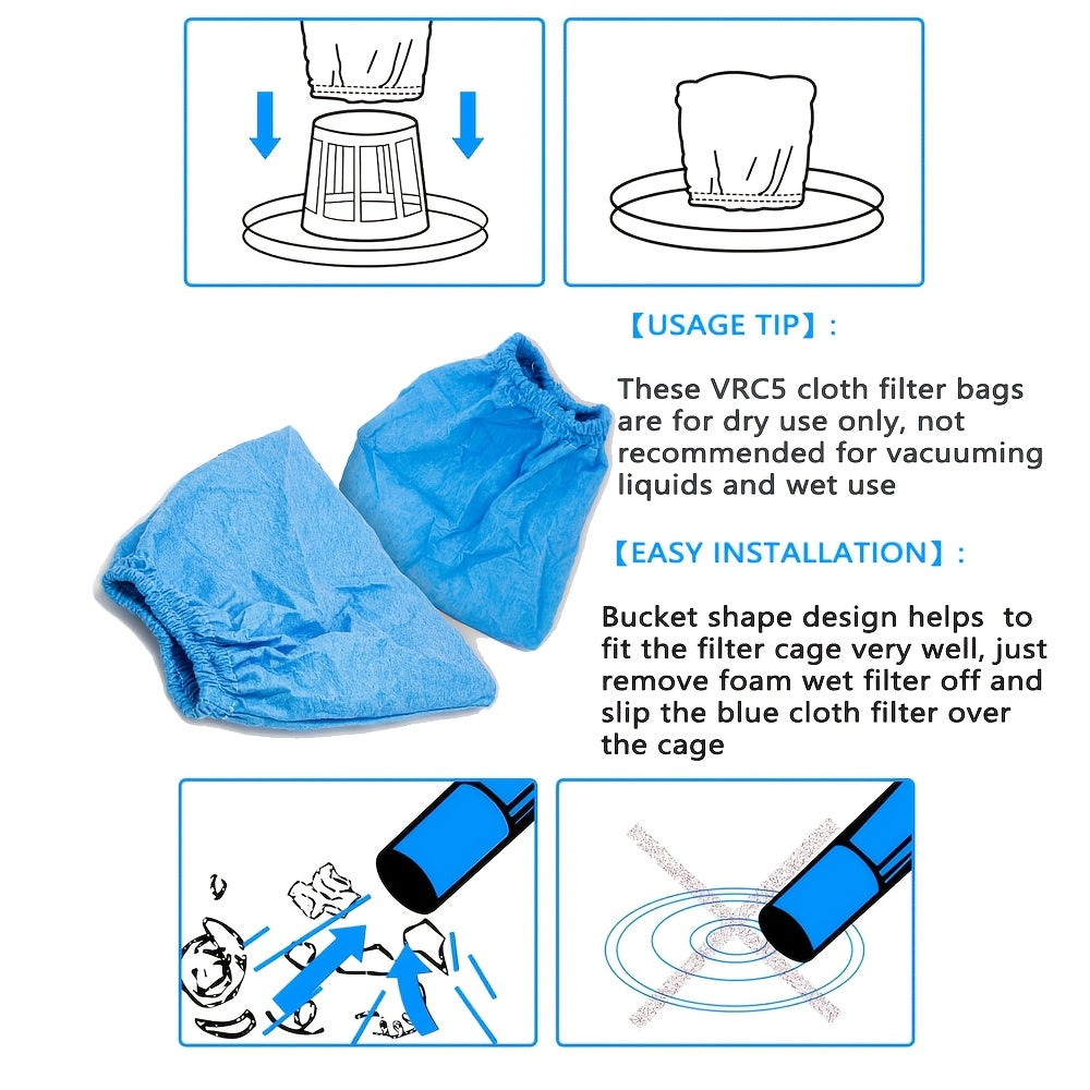 2 Pack Washable Cloth Filter Bags for Dry Vacuum Cleaners 15-60L Easy Install