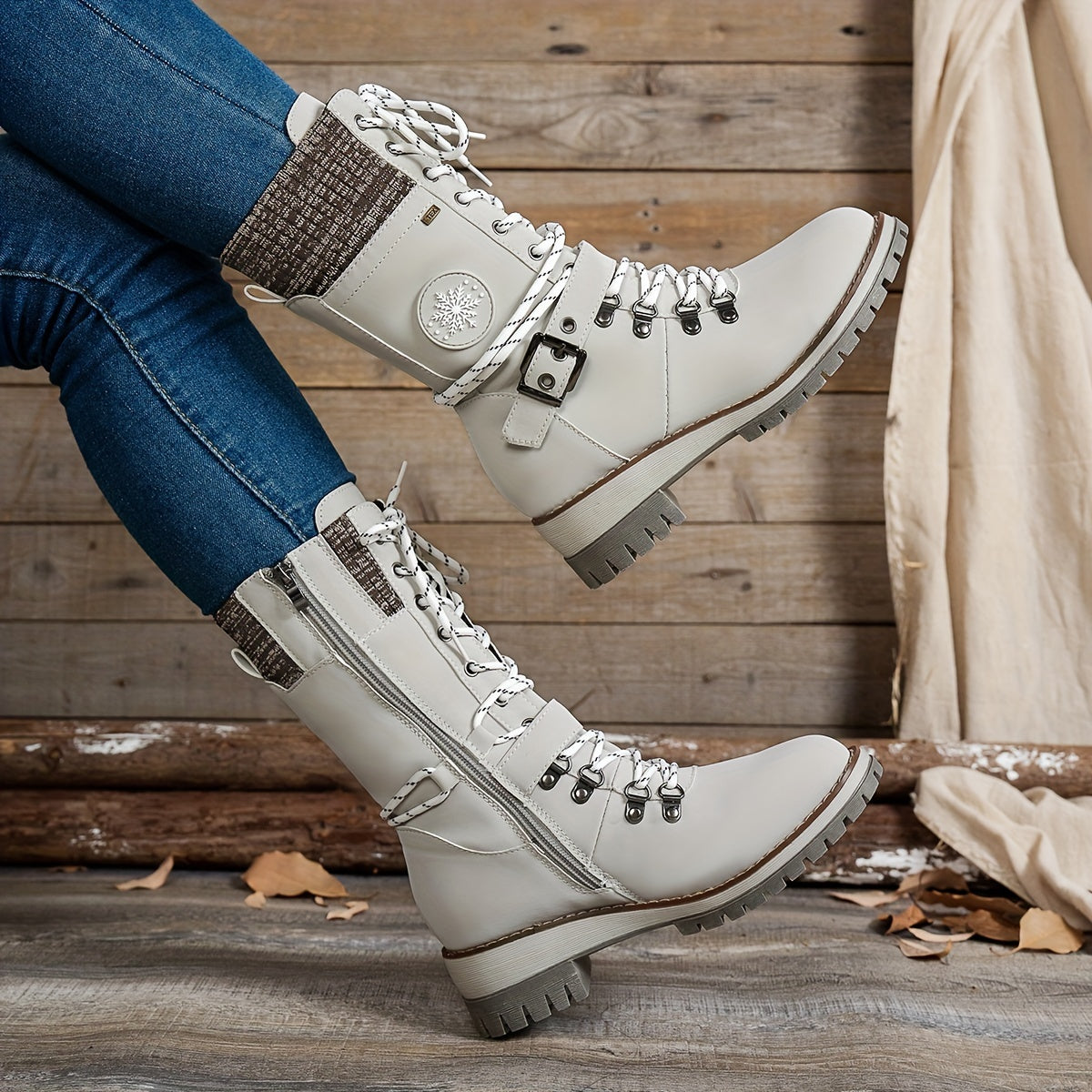 Women's Faux Leather Mid-Calf Boots Casual Lace-Up Round Toe Chunky Heel